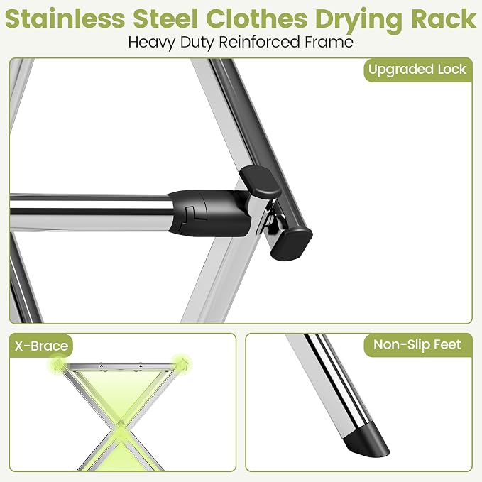 APEXCHASER Large Stainless Steel Clothes-Drying-Rack, Expandable Adjustable Width 24.76-35.51 Inch, 45.28" Height Space Saving Foldable Laundry Rack, Indoor Outdoor for Clothes Towels Shoes, Silver