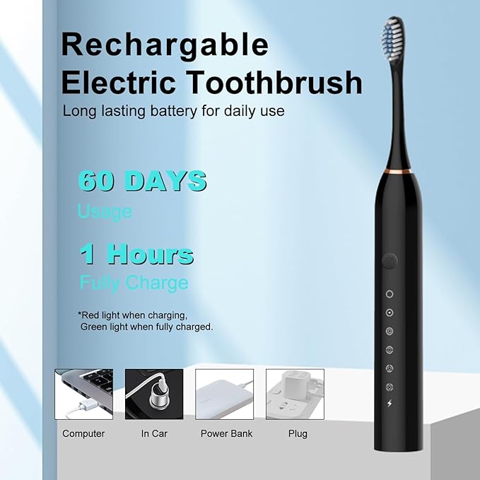 3 Pack Electric Toothbrush for Adults,6 Mode Rechargeable Electric Toothbrushes with 12 Replacement Brush Head, Fast Charge 2 Min and 30s Timer for Travel Business