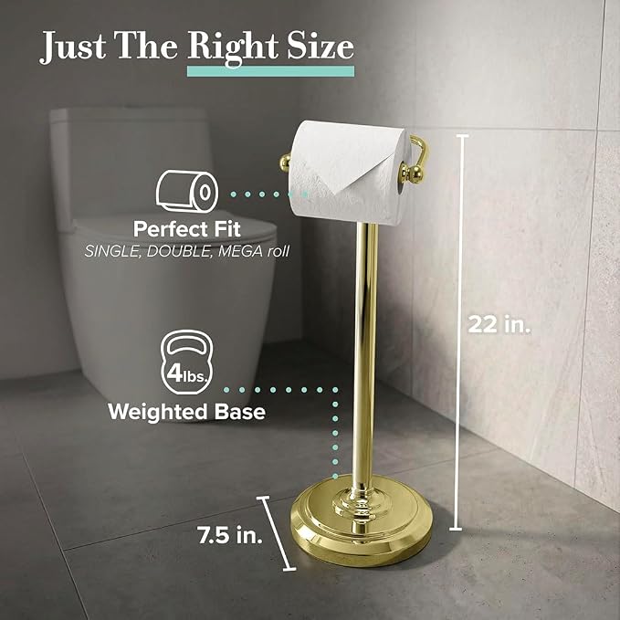 Home Accents Toilet Paper Holder Stand, Brass Finish, Freestanding Bathroom Floor Stand, Weighted Base, 22 Inch