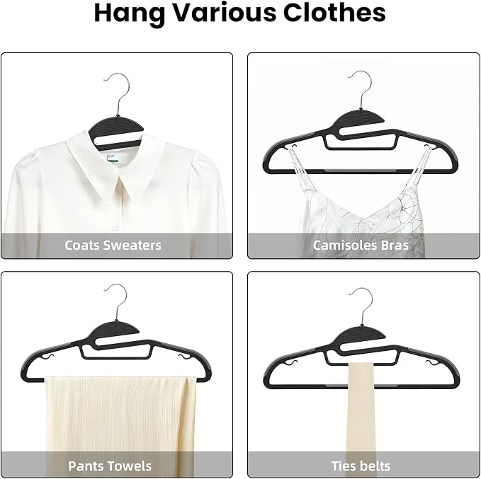 Heavy Duty Plastic Hangers 50 Pack with Non-Slip Design,0.2 Inches Thick,360°Swivel Hook Space Saving Organizer for Bedroom Closet,Shirts,Pants,Strong Enough for Coat(Black- S Shaped)