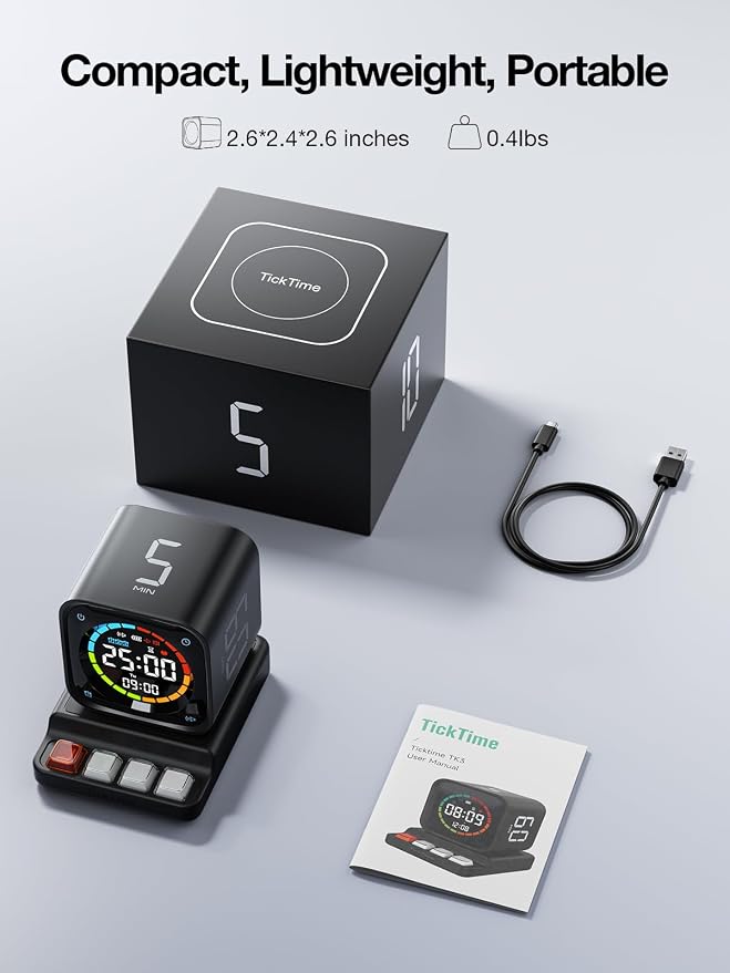 TK3 Pomodoro Timer Cube, Desk Productivity Timer with 5/10/30/60 Min Presets, Custom Countdown, Stopwatch, Clock, 3 Alarm, Silent, Vibrate & Sound Mode, for Task, ADHD, Study, Kitchen,Obsidian Black