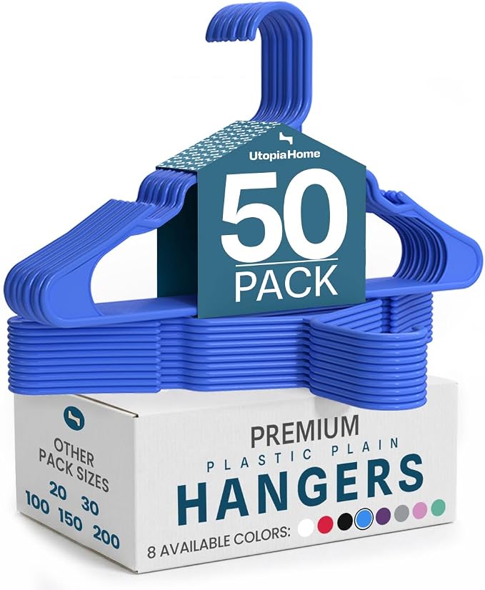 Utopia Home Plastic Hangers 50 Pack – Space Saving Clothes Hanger Blue | Durable & strong | Closet organizer & storage | Ideal for apartments, dorms & stocking stuffers