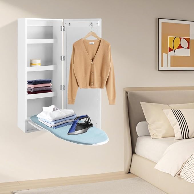 Wall Ironing Board Cabinet 180° Swivel with Mirror & Storage, Hooks, White | 180° swivel ironing board + full-length mirror + irons storage shelf + hooks. Holds 22 lbs. Folds to 8"D. For Home Apartment