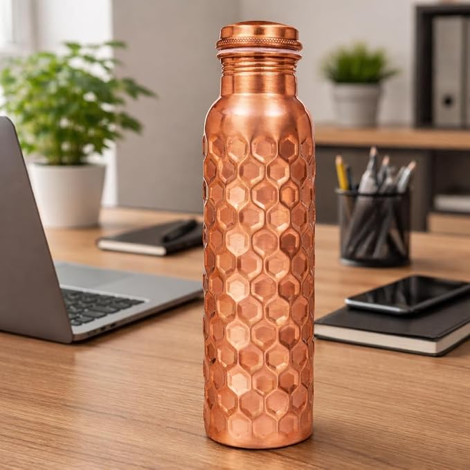 100% Pure Copper Water Bottle for Drinking, 32 Oz Large Diamond Ayurvedic Copper Bottle with Cleaning Brush, leak-proof water Vessel_Diamond