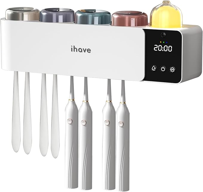 iHave Toothbrush Holders Wall Mounted with Toothbrush Sanitizer & Aromatherapy Diffuser | Auto-Cycle Disinfection, Heated Fan Drying, USB Rechargeable, IR Night Light,LED - 4 Cups Bathroom Organizer