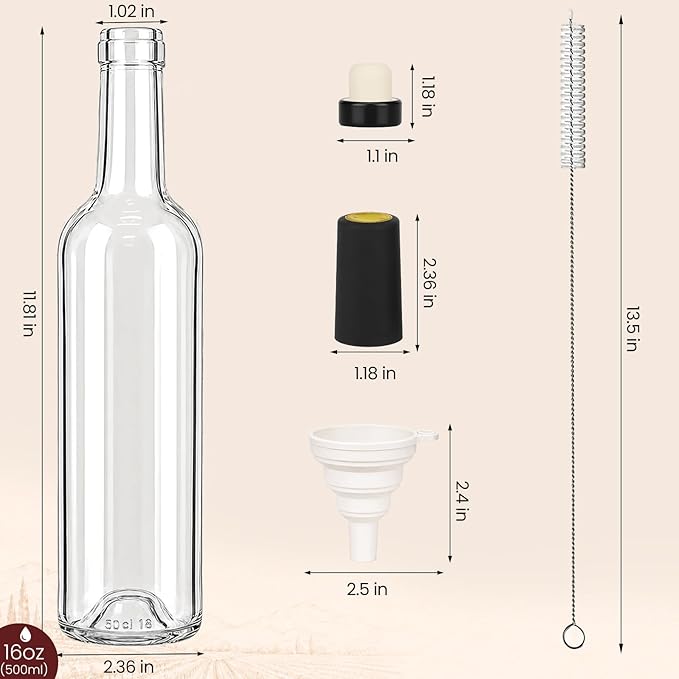 TBWIND 12 Pack 16oz Clear Glass Wine Bottles, 500ml Liquor Bottles with T-Top Corks & Shrink Capsules for Limoncello, Mead, Kombucha & Vanilla Extract, Includes Funnels & Brush