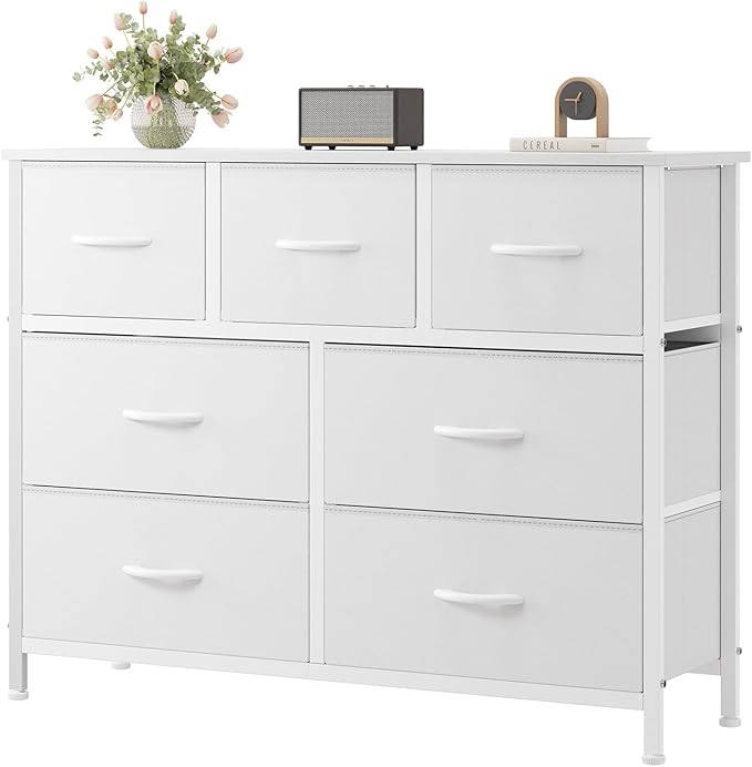 OLIXIS 7 Drawer Closet Organizer Chest, Fabric Storage Tower with Sturdy Steel Frame, Wooden Top & Easy Pull Fabric Bins, Dresser for Bedroom Living Room Entryway Clothes Organization, White