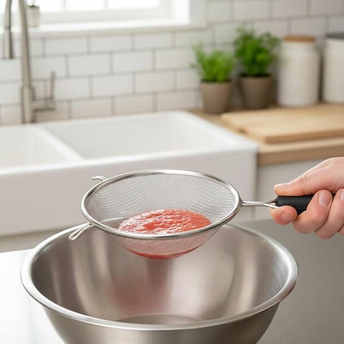 TrueCraftware- 8-Inch Single Medium Mesh Strainer Stainless Steel with 6-1/2" Handle Length Wooden Handle- Kitchen Utensil Food Strainer Skimmer Spoon for Cooking Sieve Sifters Pasta Fruits Vegetable