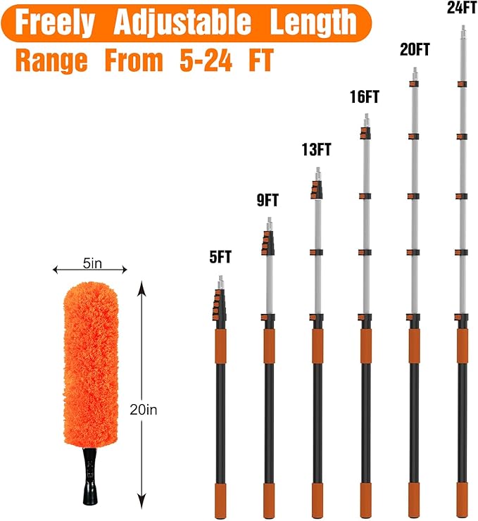 LAANPOLE 30FT Reach Dusters for Cleaning, Ceiling Fan Cleaner Duster with Extension Pole, Wall and Baseboard Cleaner Mop with Handle for Window Cobweb Fan Blade and High Ceiling