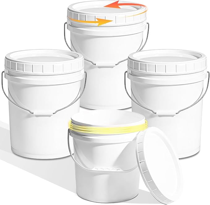 3 Pack 5 Gallon White Plastic Buckets with Lid & Metal Handle, 1 Pack 2.6 Gal Small Plastic Bucket with Spiral Lid & Handle Food Grade Storage Containers for Water, Cleaning, Halloween