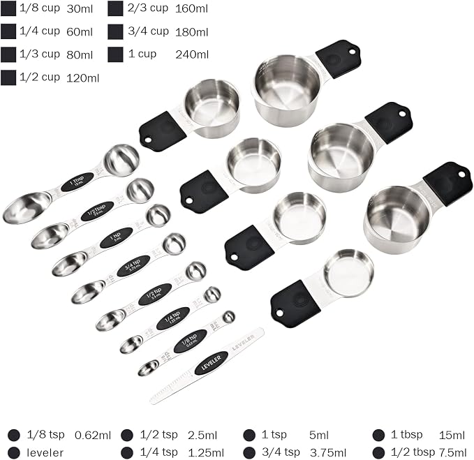 EDELIN Magnetic Measuring Cups and Spoons Set, Stainless Steel 7 cup and 7 spoon with 1 Leveler, 18/8 304 stainless steel (Black 15 sets)