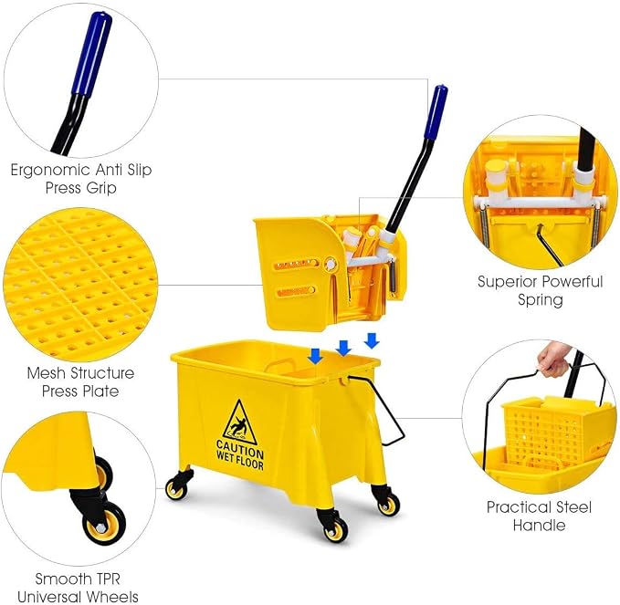Nightcore Commercial Mop Bucket and Side Press Cleaning Wringer Portable Trolley On Wheels,All-in-one Tandem Floor Cleaning,Wavebrake. Ideal for Household,Commercial (21 Quart)
