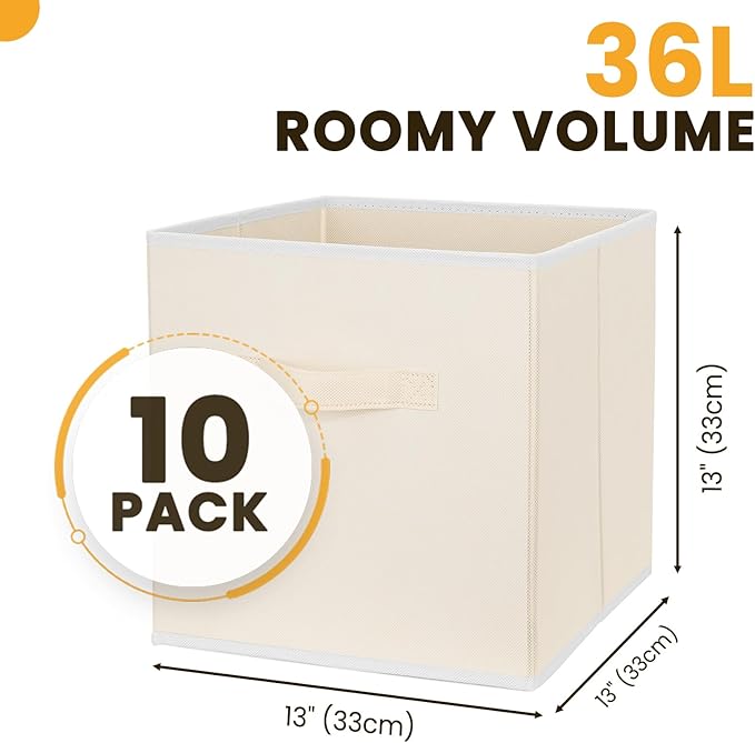 Large Storage Cubes, 13 Inch Cube Storage Bins for Shelves Closet Nursery Bedroom - 10 Pack Collapsible Storage Baskets with Handles - Fabric Bins for Organizing Magazines Clothes Toys (Beige)