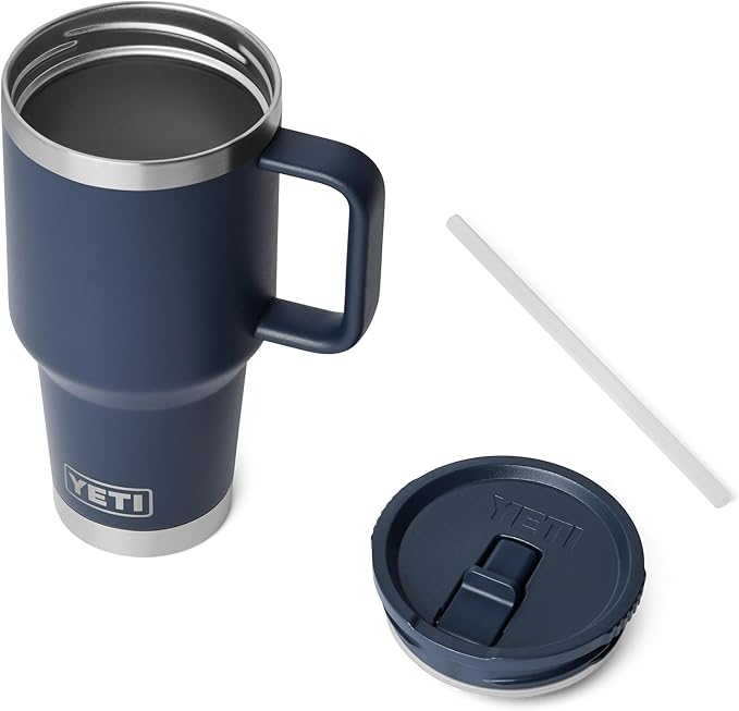 YETI Rambler 30 oz Travel Mug with Flip Straw Lid – Stainless Steel, Vacuum Insulated, Leakproof, Cup Holder Friendly, Navy