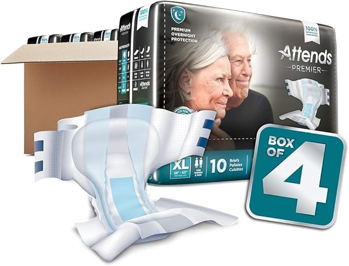 Attends Premier Adult Disposable SmartCool® Briefs, X-Large, 58-63" High-Rise Waist Tab Closure, Premium Overnight Dry-Lock Protection, Odor Control, 40ct Case
