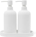 Matte White Round Soap Dispenser Set with Tray for Kitchen, Countertop & Bathroom – 2 Pack 15 oz Refillable Resin Pump Bottle for Dish Soap, Hand Soap, Shampoo, Conditioner – Non-Slip Protective Pads