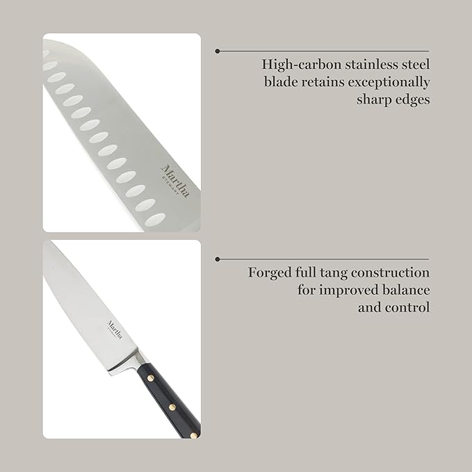 Martha Stewart 16-Piece Lockton High Carbon Stainless Steel Knife Block Set - Forged Full Tang Chef Knives, Acacia Wood Block, Triple Riveted Handles, Black & Gold