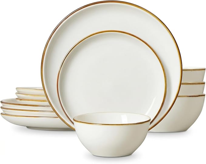 ONEMORE Plates and Bowls Set, Dinnerware Sets for 4, Porcelain Kitchen Dishes Set 12pcs, Scratch Resistant, Modern Aesthetic Dishware Sets- Microwave & Dishwasher Oven Safe,Farmhouse Style Cream White