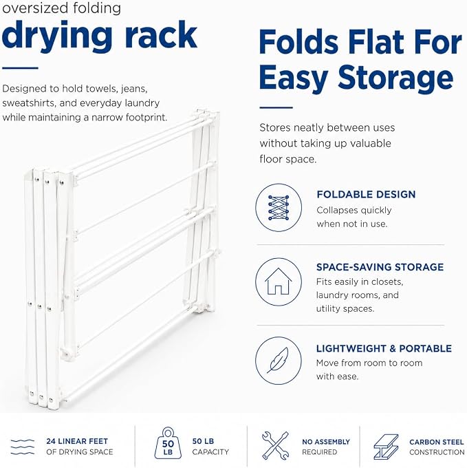 Honey-Can-Do Oversized Clothes Drying Rack, 35" Wide, 50 lb, White | Extra-wide 35" family-size rack holds 50 lb of wet laundry. Rust-resistant steel folds flat; indoor or outdoor use.
