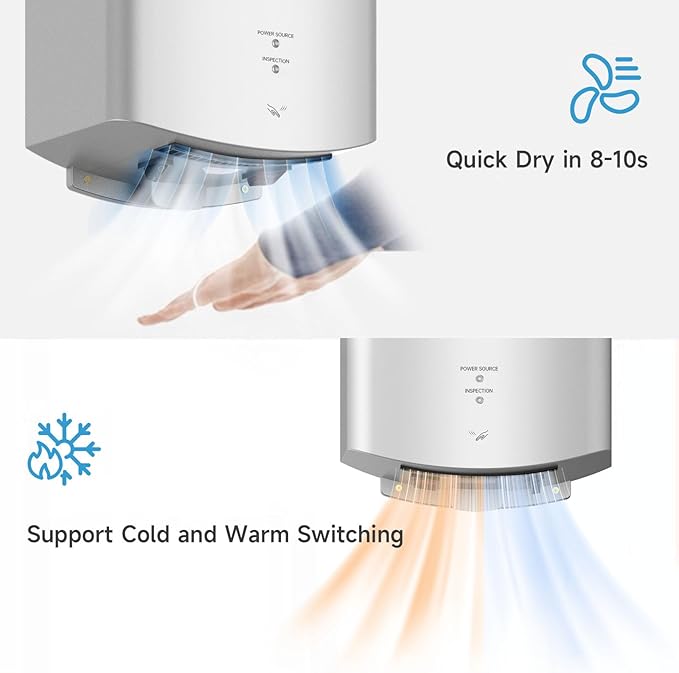 High-Speed Hand Dryer Automatic Hot & Cold Airflow,1250W 110V Wall Mounted Hand Dryer for Home Bathroom, Compact Commercial Hand Dryer Silver
