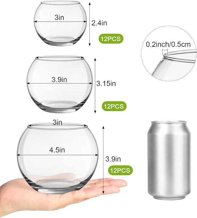 Sawysine 36 Pcs Fish Bowl Vase Bulk Round Glass Vases for Centerpieces | 4.5''Wx3.9''H, 3.9''Wx3.15''H, 3''Wx2.4''H Bubble Candle Dish for Wedding Event Table Goldfish Planter Floral DIY Home Decor