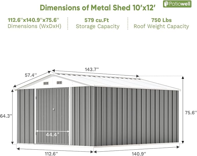 Patiowell 10x12 FT Metal Outdoor Storage Shed, Gray | Large Steel Yard Shed, Lockable Doors, Utility and Tool Storage Sheds for Garden, Backyard, Patio, Outside Use