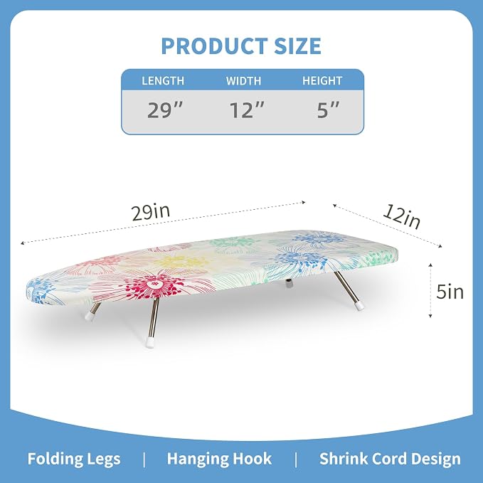 Tabletop Ironing Board 12"x29" – Portable Folding Ironing Board with Thick Felt Padding, Heat-Resistant Cover, Stainless Steel Legs, Compact & Space-Saving Design (Color Floral)
