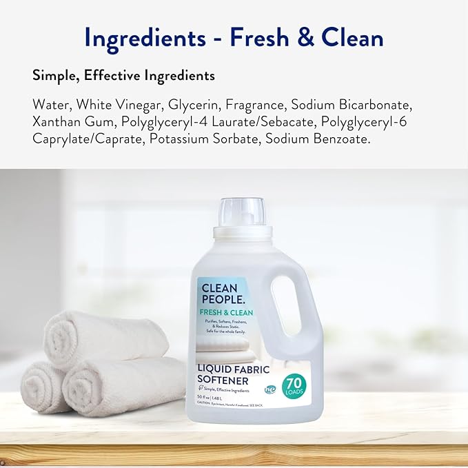Clean People All Natural Liquid Fabric Softener - Plant-Based, Eco Friendly - Naturally Softens & Removes Static Cling - Vegan - Fresh Scented Laundry Softener - 100 fl oz - 140 loads