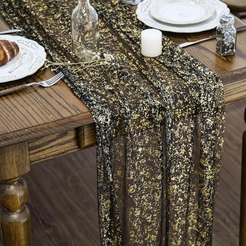Artoid Mode Black Gold Gauze Table Runner 120 Inch 10Pcs, Glitter Metallic Foil Sheer Dining Wedding Anniversary Holiday Birthday Table Decor for Home Party
