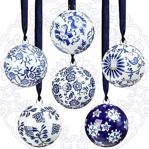 Cindeer 6 Pcs Blue and White Christmas Porcelain Balls, Classic Style