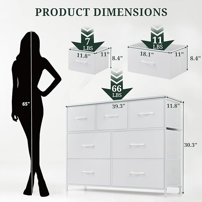 7-Drawer Dresser for Bedroom, Anti-Tip Wide Storage Organizer Fabric Chest of Drawers TV Stand for 45" TV with Wooden Top and Metal Frame for Closet, Living Room, Hallway, Entryway, White