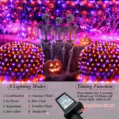 360LED Net Lights Halloween Decorations, 21ft x 5ft Purple Orange Mesh Lights with 8 Modes & Timer, Connectable Waterproof Twinkle String Light for Bushes Tree Garden Lawn Holiday Outdoor Party
