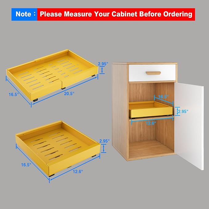 Mustorn 2 Pack Pull Out Cabinet Organizer, Expandable Slide Out Drawers for Kitchen Cabinets Peel and Stick Pullout Drawer Heavy Duty Sliding Shelves for Cupboard, Pantry, Bathroom(16.5" Deep, Yellow)