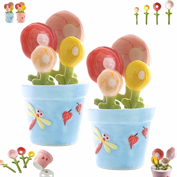 5pcs Ceramic Flower Pot Measuring Spoons and Cup Set, Cute Measuring Cups and Spoons Set for Milk Powder Sugar Salt Wet Dry Ingredients(Blue2set)