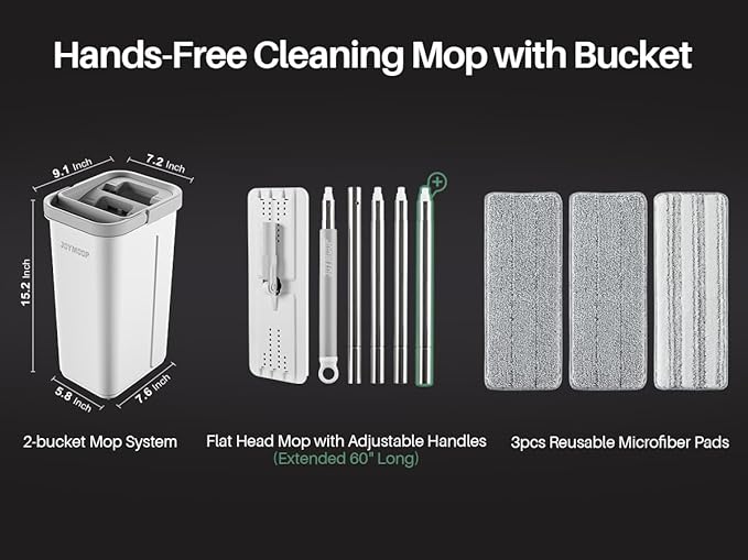 JOYMOOP Flat Mop System with Wringer Bucket, White, Microfiber Floor Cleaning Set for Wet and Dry Use, 60" Handle with 3 Reusable Pads