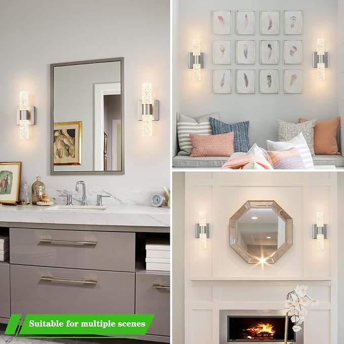 Brushed Nickel Wall Sconces Set of 2, LED Bathroom Vanity Light Fixtures, Hardwired Crystal Sconces Wall Lighting Over Mirror, LED Wall Mount Lights for Bedroom Hallway Indoor, 10W