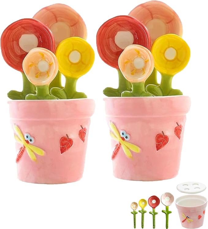 Ceramic Flower Measuring Spoons Set with Flowerpot Base, 2026 Decorative Cute Measuring Cups and Spoons Set with Holder for Dry and Wet Ingredients (2*Pink)