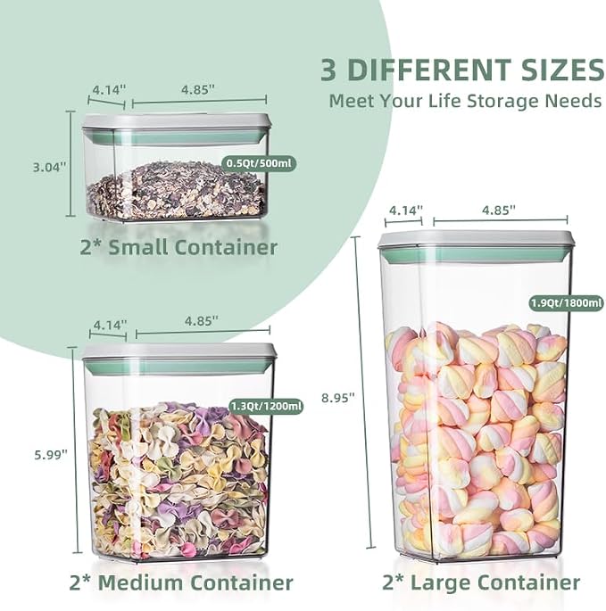 Airtight Food Storage Container Sets with Lids 6Pcs Pop Containers for Kitchen Pantry Organization BPA-Free Stackable Kitchen Storage Containers for Cereal Flour Sugar (0.5, 1.2, 1.8qt)*2