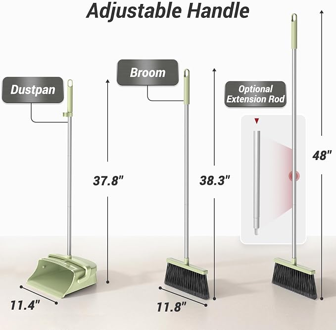 Broom with Dustpan Combo Set, Long Handle Upright Standing Self-Cleaning Broom and Dustpan Set for Pet Hair & Dust Cleanup, Indoor Outdoor Use for Home, Kitchen, Office, Green