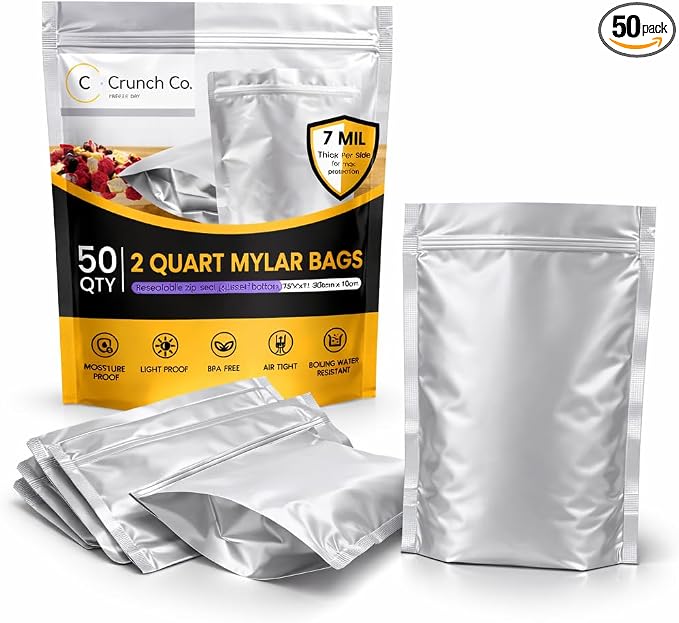 Mylar Bags - 50x (7 Mil thick each side) Stand-Up Zipper bags, Heat Sealable & Withstand Boiling Water - Long-Term Food Storage (2 Quart)