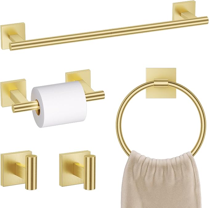 Brushed Gold Bathroom Hardware Towel Bar Set, 5 Pieces Double Dase Toilet Paper Holder Towel Holder Set, 23.6 Inch Stainless Steel Towel Rack for Bathroom Wall Mount