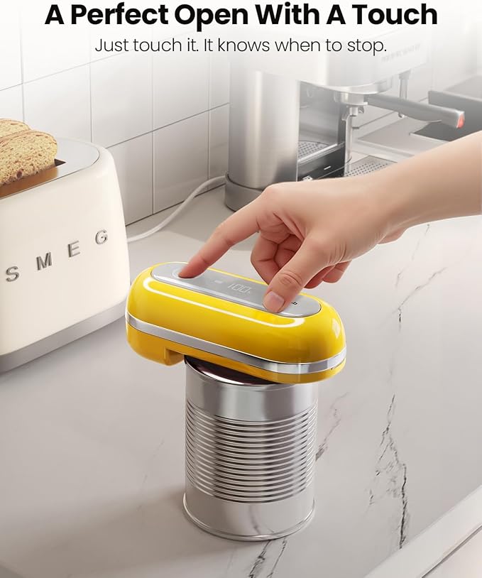 Canslab Retro Rechargeable Electric Can Opener, LED Battery Track&Auto Stop | True One-Touch Operation, Wall-Mountable Small Size, Side Cut Smooth Edge, Rechargeable, for Seniors with Arthritis, Yellow