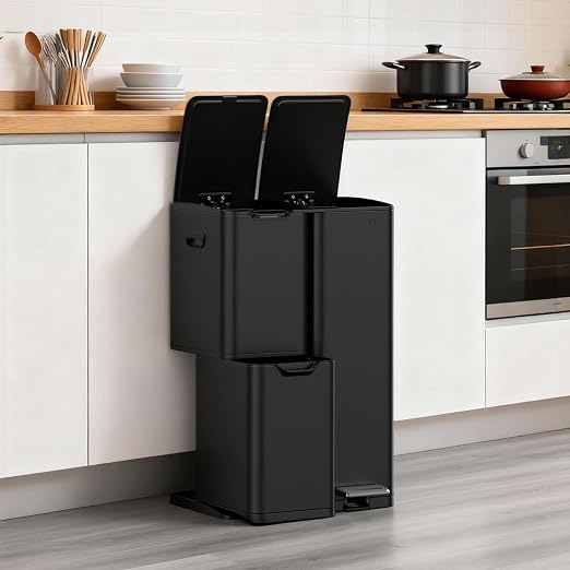 mVm 3 Compartment Kitchen Trash Can, 16 Gal Black Triple Trash Can, Heavy Duty Stainless Steel Garbage Can Anti Fingerprint Recycling Bin for Office