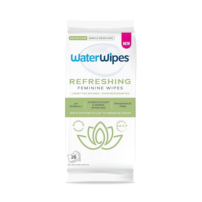 WaterWipes Refreshing Feminine Wipes, Stay Fresh On-The-Go, pH Friendly for Daily Intimate Care, Odor Removal, Gynecologist Approved, Fragrance Free, 28 Count