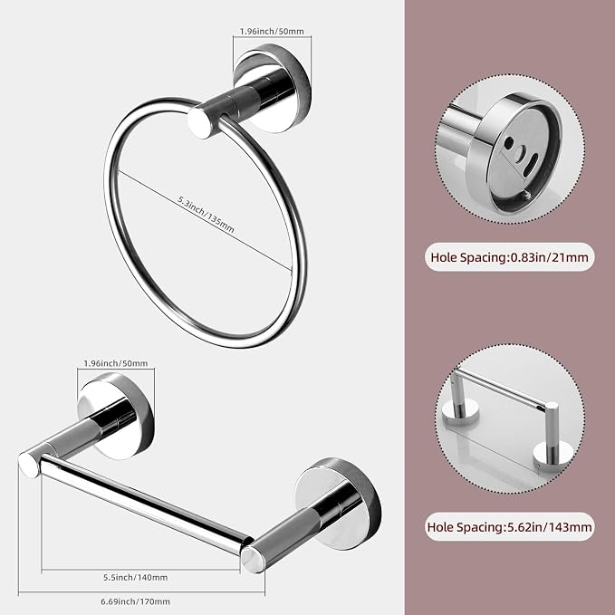 Chrome Toilet Paper Holder Towel Ring,Bathroom Hardware Set,Hand Towel Holder Wall Mount Tissue Roll Holder with Double Post Bath Accessories SUS304 Stainless Steel 2pc
