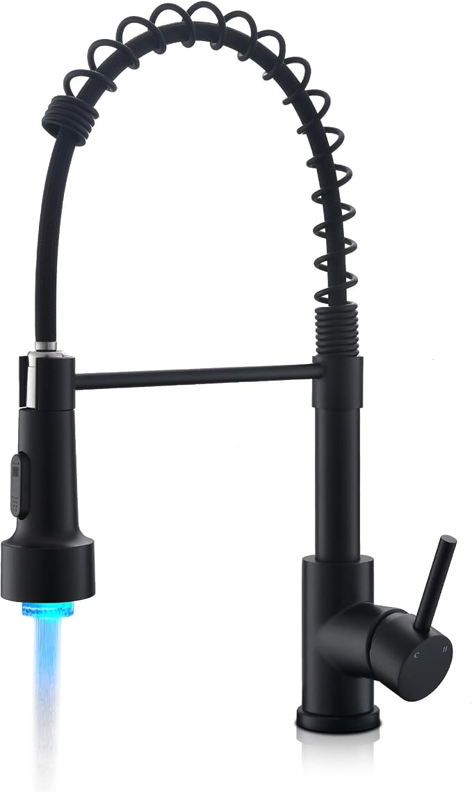 LUFEIDRA Black Kitchen Faucet with Sprayer LED Light, High Arc Spring 304 Stainless Steel Single Handle LED Faucets, Kitchen Sink Faucet for Bar Sink Rv, Matte Black, Pot Filler Faucets