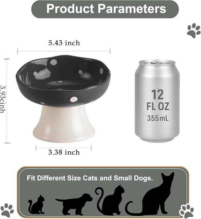 Black Mushroom Cat Bowl, Elevated Ceramic Bowl for Cats | Elevated, Ceramic, Whisker Friendly, Anti Vomitin,Cute Mushroom Design