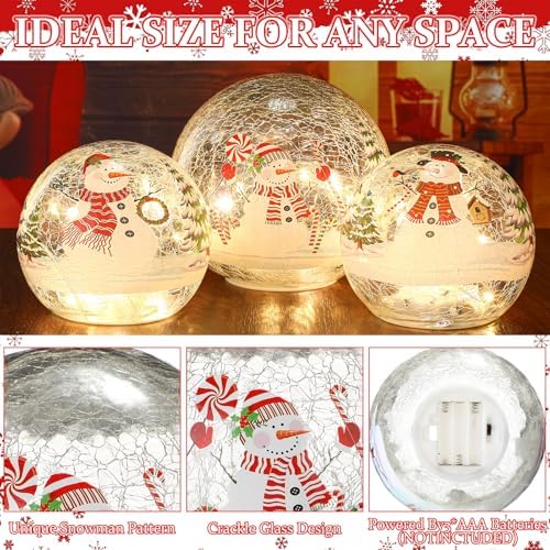 Soulchen 3 Pcs Christmas Decorations Indoor Snowman Globe Crackle Glass Ball Lamp with LED Lights Tabletop Xmas Decor Christmas Table Decorations for Home Fireplace Mantel