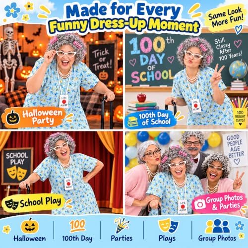 Old Lady Costume for Women, Grandma Dress Up Set for Halloween