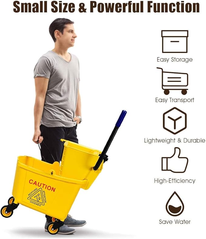 Goplus Commercial Mop Bucket Side Press Wringer Cleaning Caddy with 35 Quart Larger Capacity, Yellow